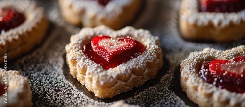 Closeup of heart-shaped Linzer Christmas cookie filled with strawberry marmalade, dusted with sugar. photo