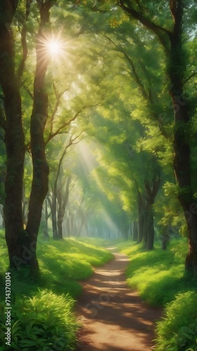 Pathway in the middle of the green leafed trees with the sun shining through the branches