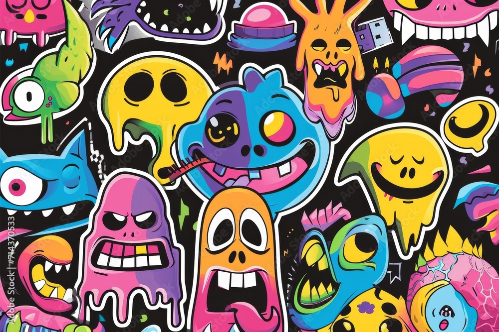 A lively mix of colorful cartoon characters come to life through a whimsical blend of drawing, illustration, and graphic design, enhanced by elements of art, painting, and graffiti, all wrapped up in