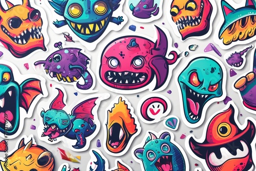 A whimsical and colorful gathering of cartoon monsters  their vibrant and psychedelic art adorned with intricate illustrations and clipart  creating a truly unique and captivating painting that bring