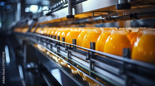 Modern beverage factory interior with conveyor system for juice bottling