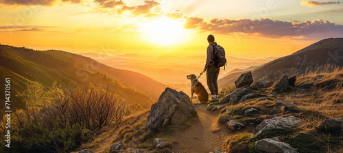 Hiker and dog on a mountain trail watch the sunset photo
