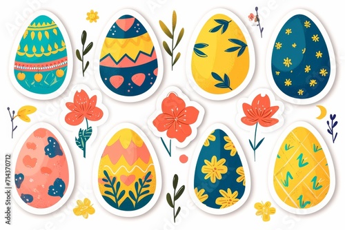 Vibrant and whimsical illustrations of childlike wonder, featuring a colorful array of eggs adorned with delicate flowers photo
