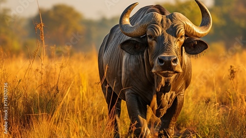 Majestic bull with powerful horns in a captivating wildlife photography portrait