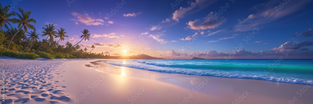 Idyllic island beach landscape with majestic palm trees, golden sunset, and peaceful ocean waves, a picturesque setting for unwinding