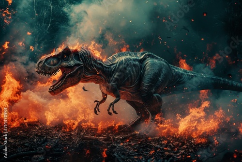 A fiery dragon-dinosaur emerges from the smoky outdoor scene  striking fear into the hearts of nearby mammals and animals