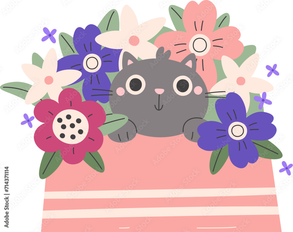 Cat In Pot With Flowers Cat In Pot With Flowers