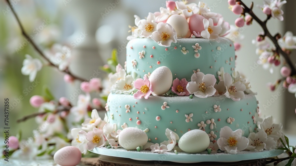 a close up of a three tiered cake with flowers and eggs on the bottom of the cake and on the side of the cake is a branch of a tree with pink and white flowers. a close up of a three tiered cake with flowers and eggs on the bottom of the cake and on the side of the cake is a branch of a tree with pink and white flowers.
