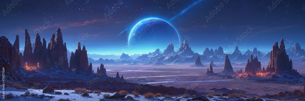 Serene alien landscape: majestic moonrise over unearthly mountains under a starry night sky - obrazy, fototapety, plakaty 