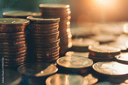 Stacked coins and banknotes symbolizing wealth and financial growth photo