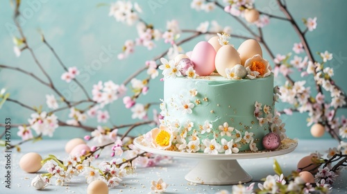  a cake decorated with flowers and eggs on a cake platter next to a branch with flowers and eggs on it, on a blue background with white speckles.