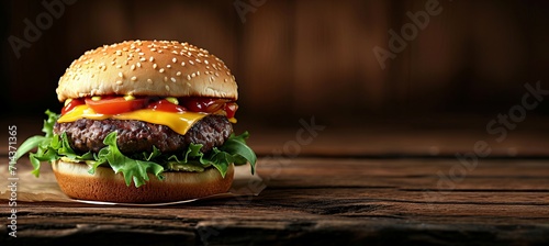 Close up homemade beef burger on wooden table, studio shot with copy space for text