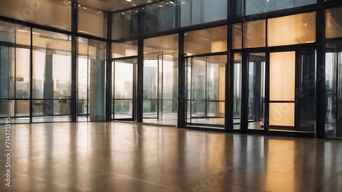 Blurred abstract background interior view looking out toward to empty office lobby and entrance doors and glass curtain wall with frame