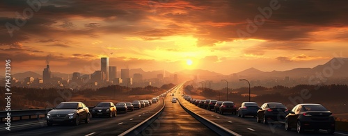 Panoramic view of a busy highway in the morning.