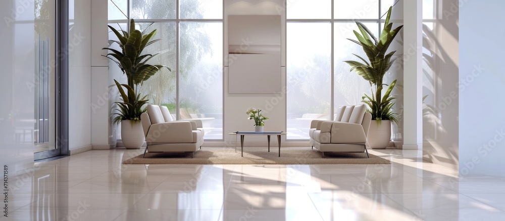 3D rendering of a waiting room with a glass and white walls, tiled floors, panoramic window, beige armchairs, glass coffee table, and vertical mock-up poster. 3D rendering of a waiting room with a glass and white walls, tiled floors, panoramic window, beige armchairs, glass coffee table, and vertical mock-up poster.