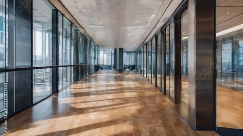 Blurred abstract background interior view looking out toward to empty office lobby and entrance doors and glass curtain wall with frame
