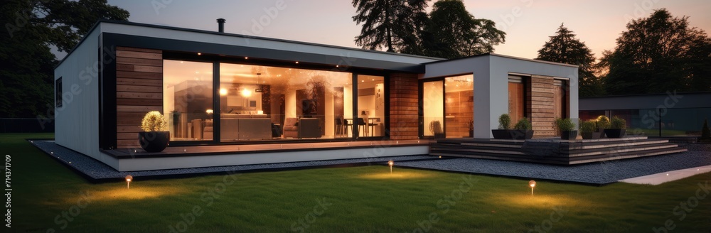 Modern villa with with big windows and a perfectly mown lawn in the evening.