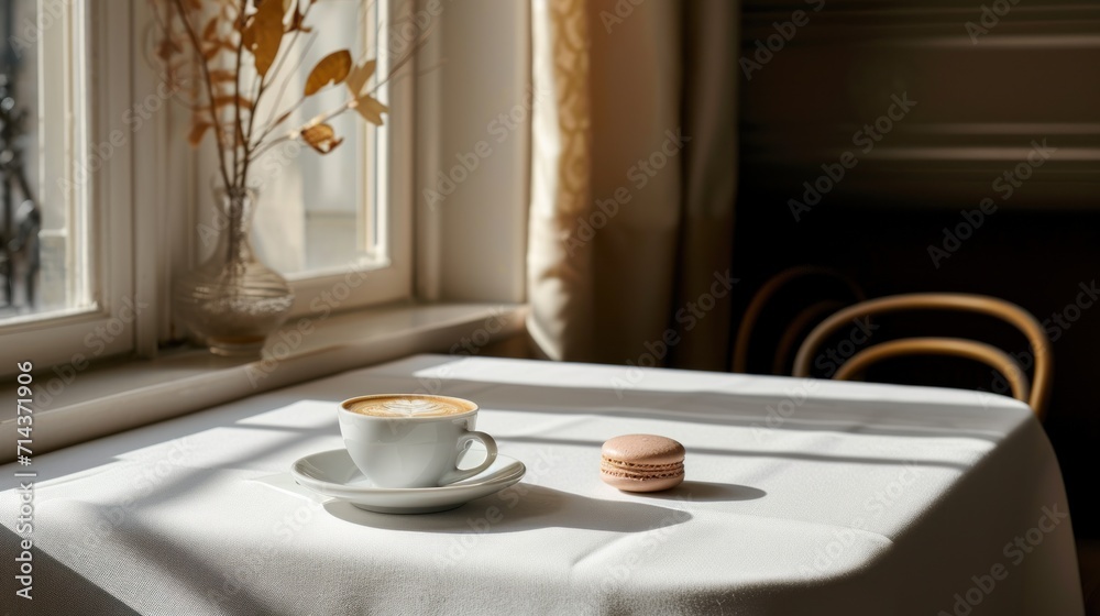 a cup of coffee sitting on top of a table next to a plate of macaroons on top of a white table cloth next to a window sill. a cup of coffee sitting on top of a table next to a plate of macaroons on top of a white table cloth next to a window sill.