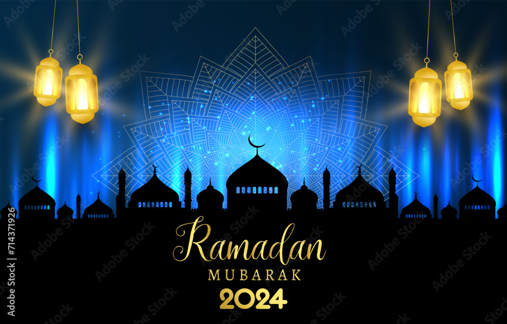 ramadan 2024 banner with blue and black background design Stock Vector ...