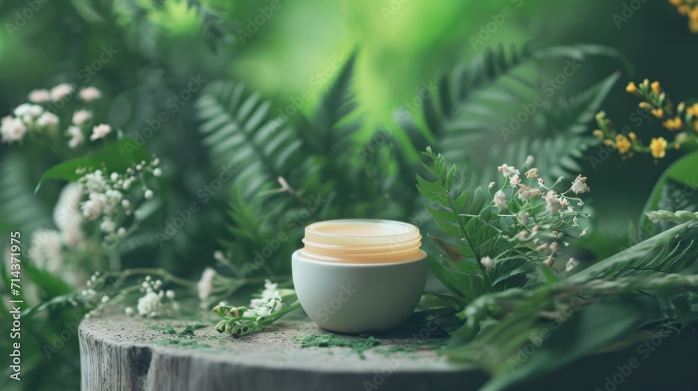 a jar of cream sitting on top of a tree stump in the middle of a forest filled with green leaves and small white flowers in the middle of the jar. a jar of cream sitting on top of a tree stump in the middle of a forest filled with green leaves and small white flowers in the middle of the jar.