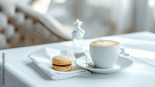  a white plate topped with a cup of coffee next to a macaroni and cheese sandwich on top of a white saucer next to a bottle of liquid.