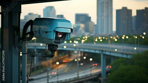 Traffic camera capturing speeding violation on highway, speed control and surveillance photo