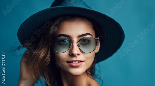 Portrait of beautiful young woman in hat and sunglasses on blue background