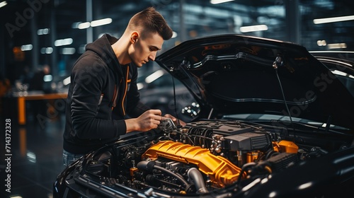 Professional auto mechanic repairing car in automotive service center garage