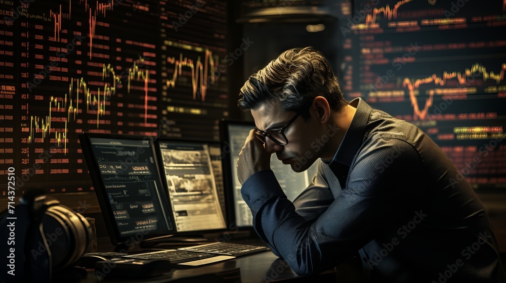 Depressed stock trader with laptop, devastated by the collapse of assets and stock exchanges