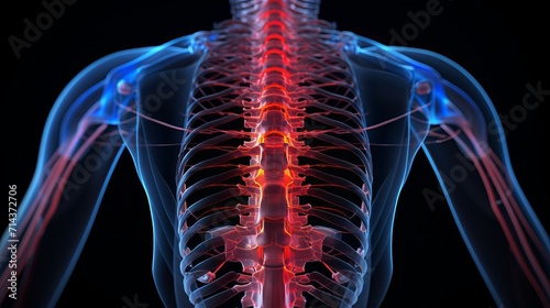 Detailed medical illustration inflamed male lumbar spine visible inflammation and pain.
