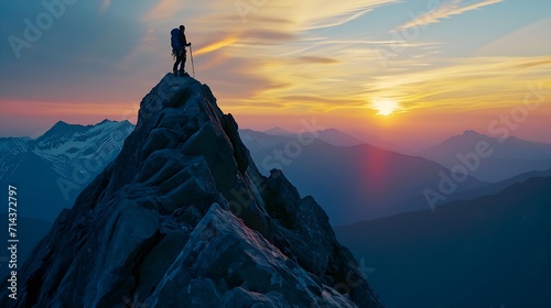 Mountain climber on top of mountain with sunset © Deb