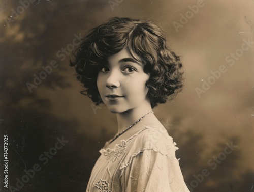 Photorealistic Teen White Woman with Brown Curly Hair vintage Illustration. Portrait of a person in 1920s era aesthetics. Historic photo style Ai Generated Horizontal Illustration.