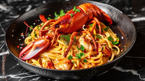  a close up of a plate of food with a lobster on top of noodles and garnished with garnishes on a black marble table with a marble surface.