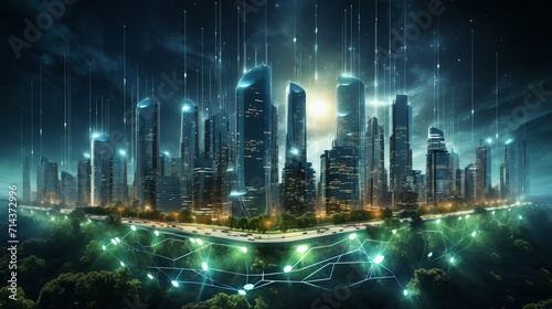 Smart city with green community, rapid data network, smart society, homes, digital community.