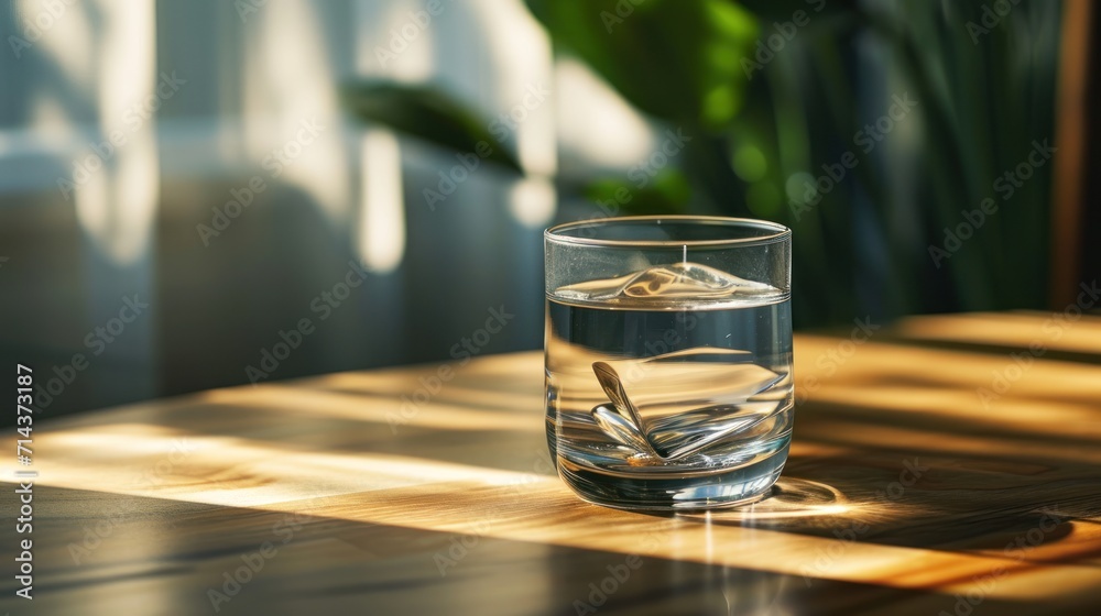 a glass of water sitting on top of a wooden table next to a potted plant on top of a hard wood table with sunlight streaming in through the window. a glass of water sitting on top of a wooden table next to a potted plant on top of a hard wood table with sunlight streaming in through the window.