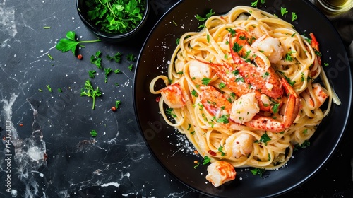  a plate of pasta with shrimp and parsley garnished with parsley and parsley garnished with parsley and parsley garnished with parsley.