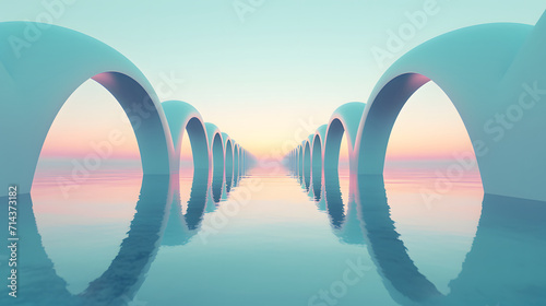 3d render, abstract panoramic background, northern futuristic landscape, fantastic scenery with calm water, simple geometric mirror arches and pastel blue gradient sky. Minimal zen aesthetic wallpaper