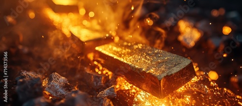 Gold mining industry. Melting metal to create gold ingots. Fire during gold bar manufacturing. Metallurgy technology. Creating golden bars. Valuable for businesses. photo
