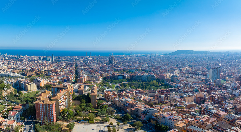Aerial view of Barcelona City Skyline. Residential famous urban grid of Catalonia. Beautiful panorama of Barcelona.