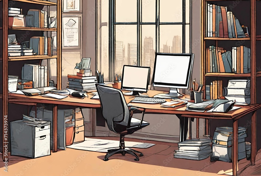 Office Desk with Books and Computer Illustration Office Desk with Books and Computer Illustration
