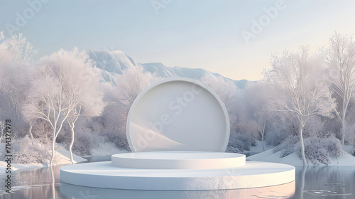 3d render  abstract panoramic background  northern futuristic landscape  fantastic scenery with calm water  simple geometric mirror arches and pastel blue gradient sky. Minimal zen aesthetic wallpaper