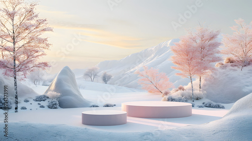 3d render  abstract panoramic background  northern futuristic landscape  fantastic scenery with calm water  simple geometric mirror arches and pastel blue gradient sky. Minimal zen aesthetic wallpaper