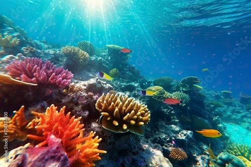 Underwater world with vibrant coral reefs exotic fish