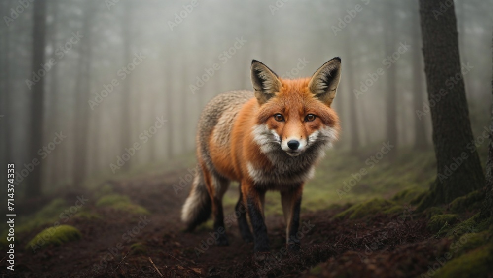 Obraz premium Close-up of a fox wandering in a foggy forest