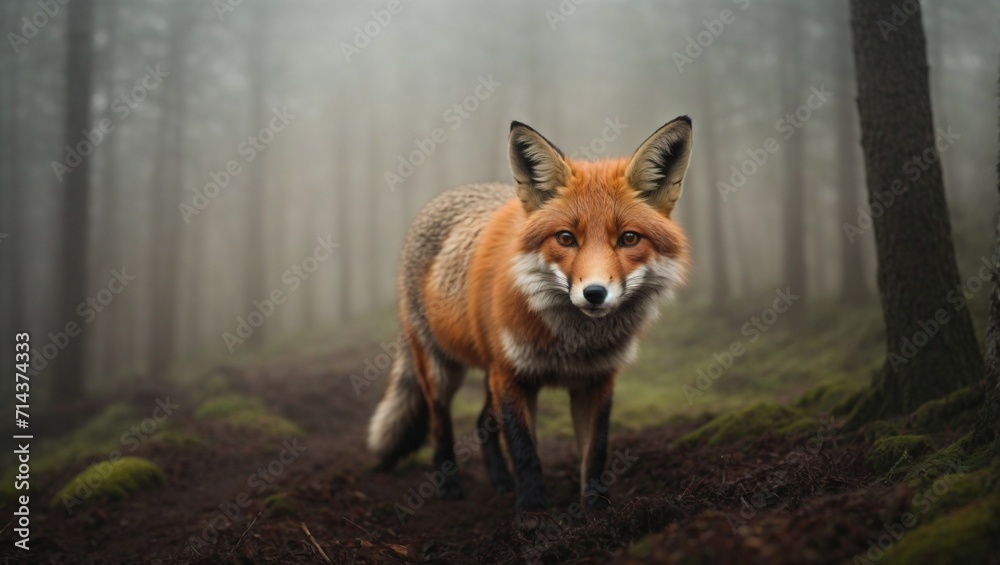 Close-up of a fox wandering in a foggy forest