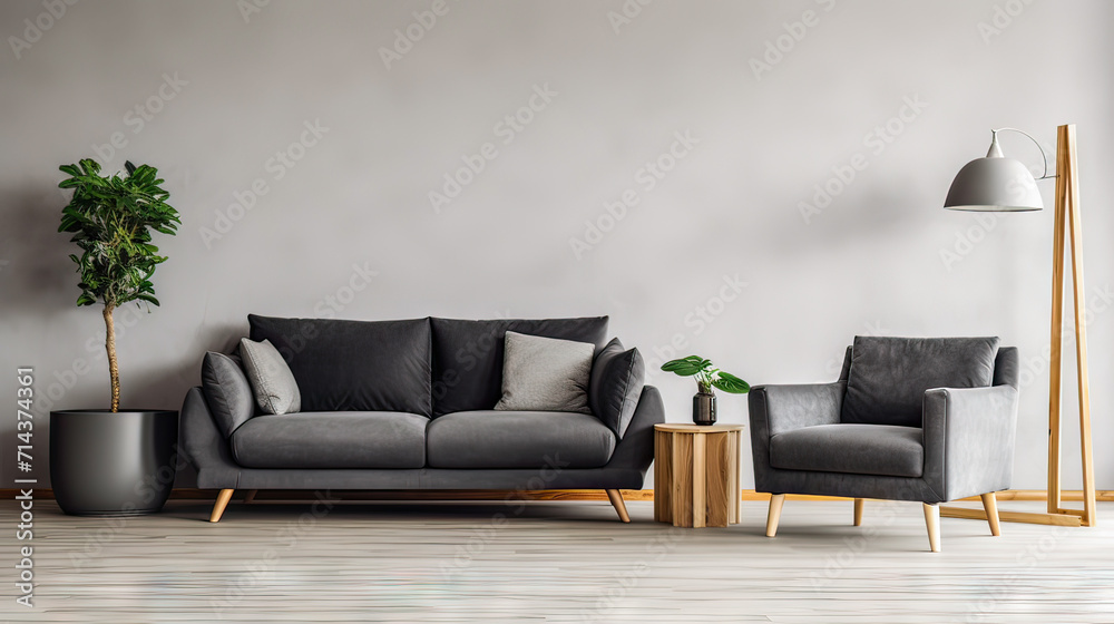 Fototapeta premium Interior of living room with comfortable sofa, floor lamp and table with flowers near blue wall