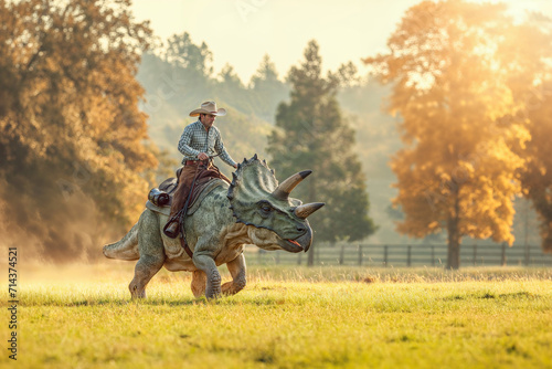 Fényképezés Cowboy riding a dinosaur across a field