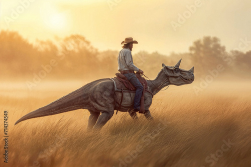 Fototapeta Naklejka Na Ścianę i Meble -  Cowboy riding a dinosaur