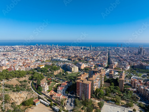 Aerial view of Barcelona City Skyline. Residential famous urban grid of Catalonia. Beautiful panorama of Barcelona.