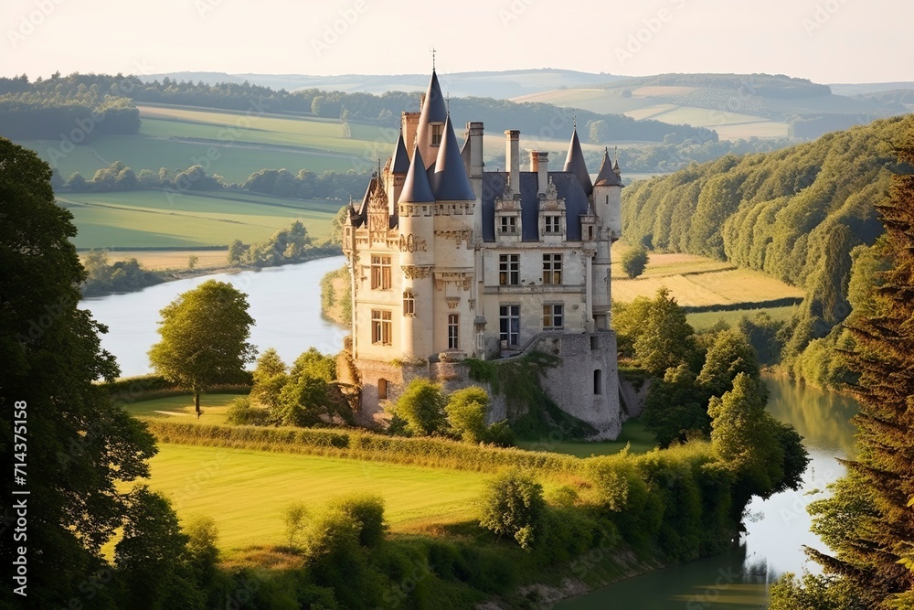 Whimsical fairytale castle perched on a hill surround